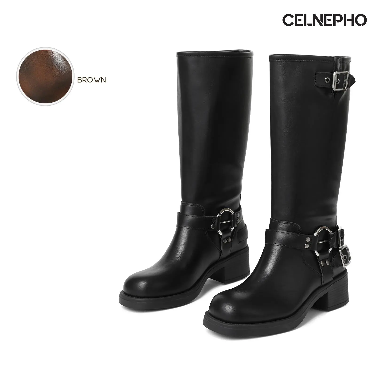 CELNEPHO Combat Boots for Women Round Toe Chunky Block Heel Adjustable Metal Buckle Design Easy Pull on Fashion Motorcycle Punk Vintage Riding Rocky Boot Date Party Casual Outdoor Events Streetwear Trendy Dress Shoes