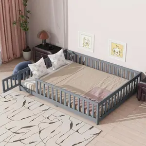 Bellemave Queen Size Rubber Wood Floor Bed with Safety Fence, Door, Steel Latch, 7 Reinforced Slats - Mattress-Compatible Solid Wood Space-Saving Platform, Kids Bedroom Furniture