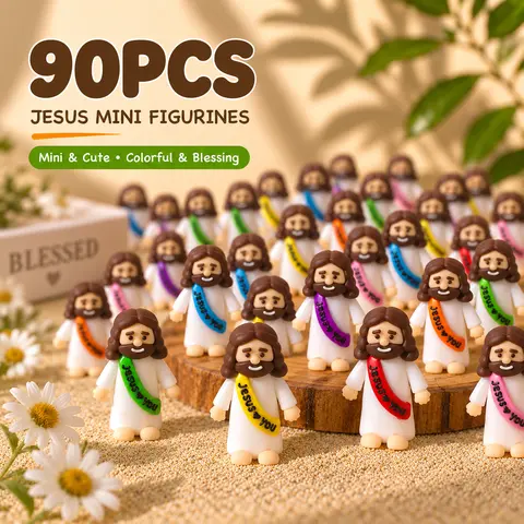 Bememo 90 Pcs Little Jesus Figures Original Design Jesus Love You Mini Rubber Toys to Hide and Seek Christmas Religious Party Favors Sunday School Baptism Gifts(Lively Colors)