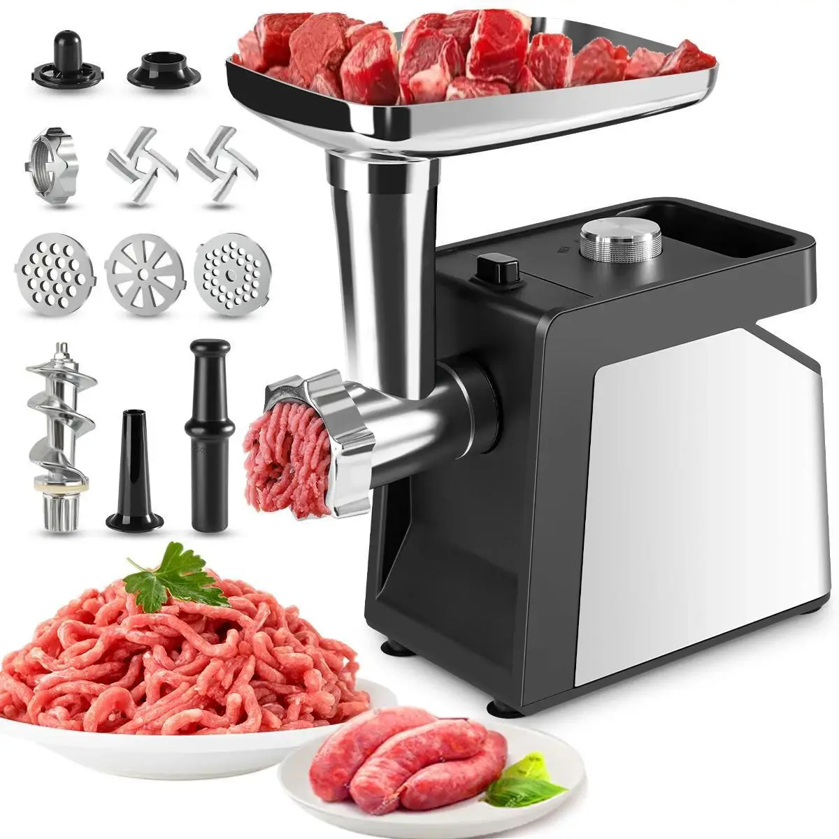 Electric Meat Grinder 3000W Heavy-Duty Electric Meat Grinder & Sausage Stuffer - Stainless Steel, Adjustable Blades & Grinding Plates, Sausage & Kubbe
