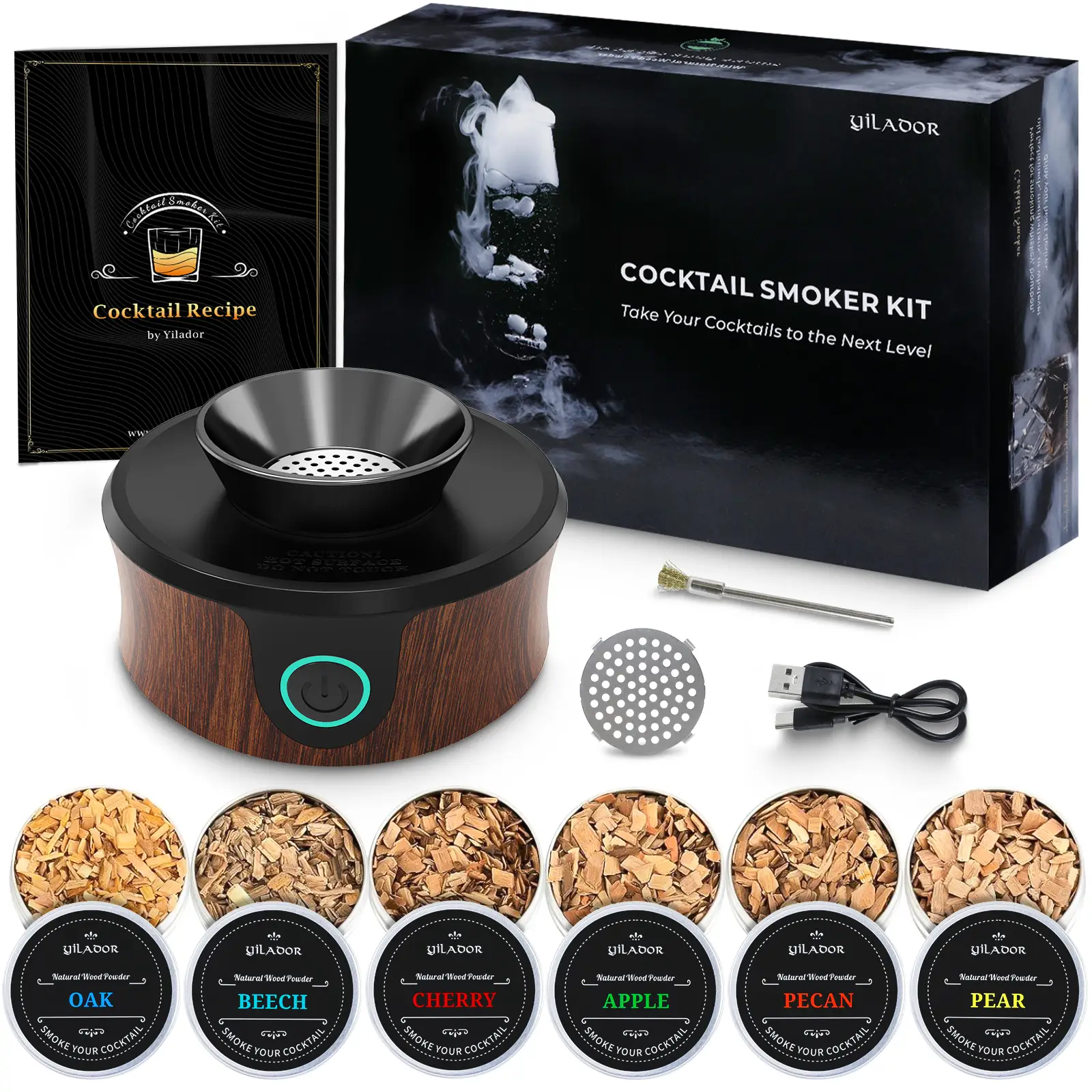 Yilador Electric Cocktail Smoker Kit, Drink Cocktail Kit for Old Fashioned Bourbon Whiskey etc., 6 Flavours Wood Chips, Bar Sets & Bar Utensils (Witho