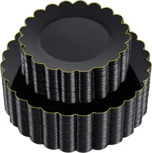 100 Count Black and Gold Plastic Dinnerware Set Disposable Dinner Heavy Duty Plates for Party Birthday Wedding Festival(50pcs 7.5"& 50pcs10.2"