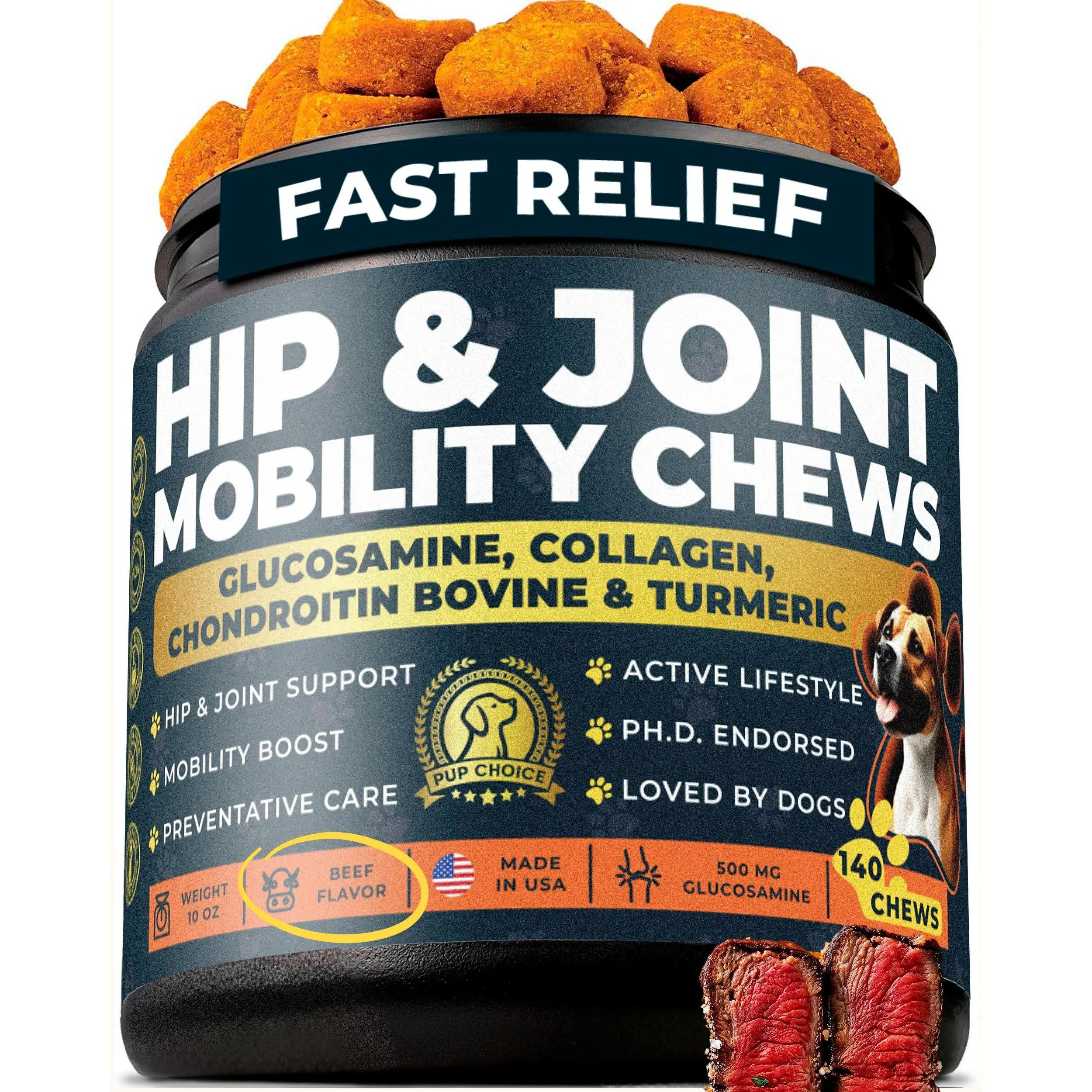 Glucosamine 500mg Hip & Joint Support Supplement for Dogs – Chondroitin, Collagen, MSM & Turmeric Chews – Supports Mobility, Flexibility & Joint Health for Large Breeds & Seniors