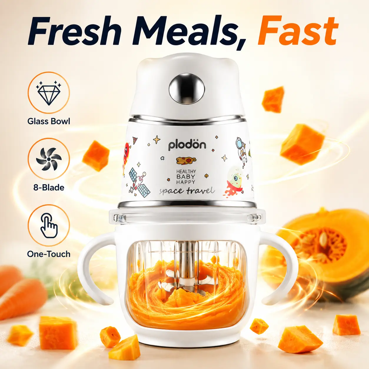 PLODON 10oz Baby Food Maker - Glass Bowl Mini Food Processor with 316 Stainless Steel Blades, 1-Touch Puree Blender for Fruits, Vegetables & Meat, BPA-Free, Easy-Clean Small Batch Meal Prep