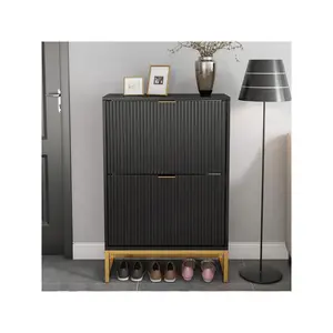 Shoe Storage Cabinet With 2 Flip Drawers, Modern Fluted Shoe Rack With Metal Legs Wooden, Freestanding Shoe Cabinet Organizer For Entryway Hallway, 35.8" H