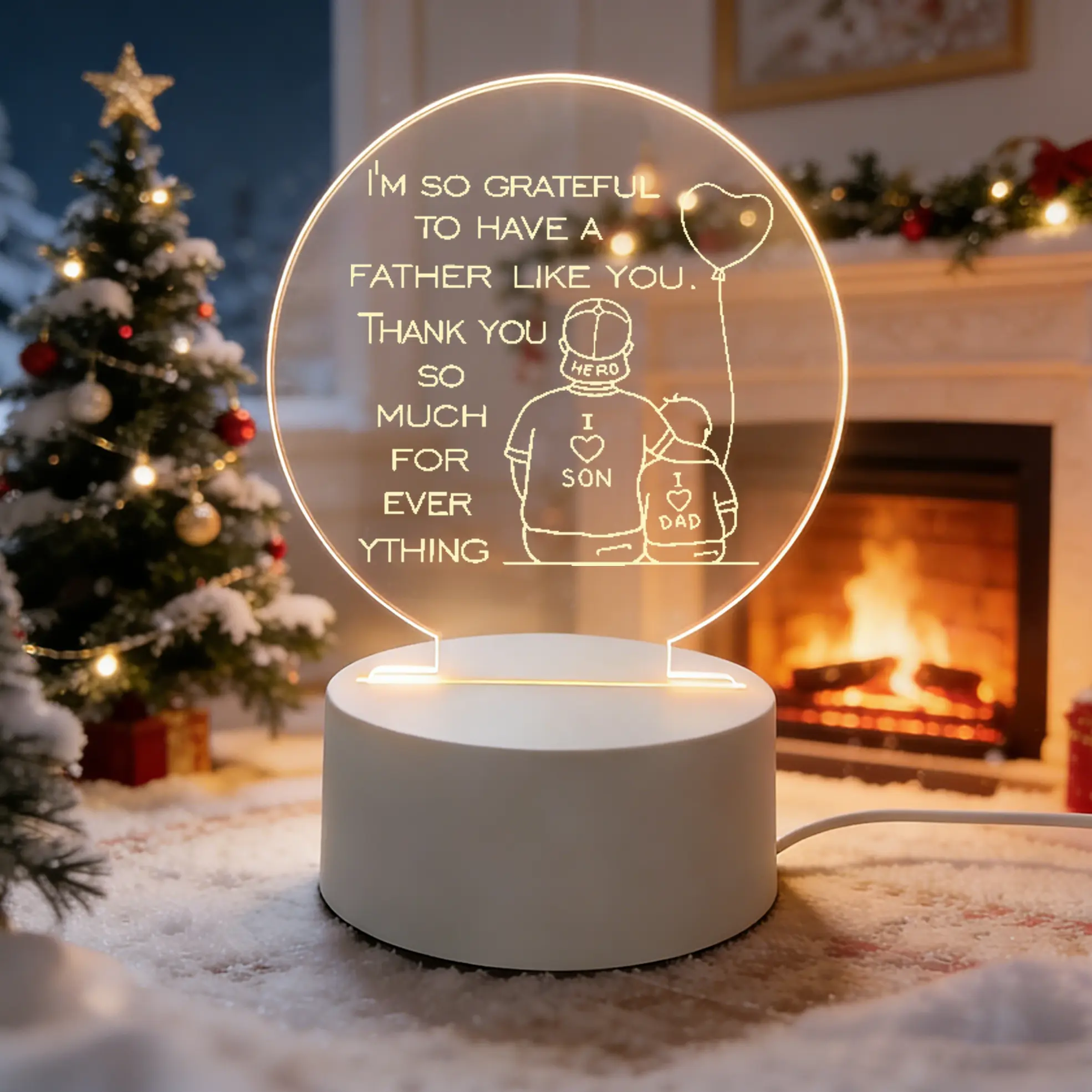 Round 2D Acrylic LED Night Light - Engraved Hero Balloon Line Drawing Lamp, Indoor Grateful Gift for Dad from Son for Father's Day, Birthday to Highlight Bonding Father-Son Relationship & Express Gratitude