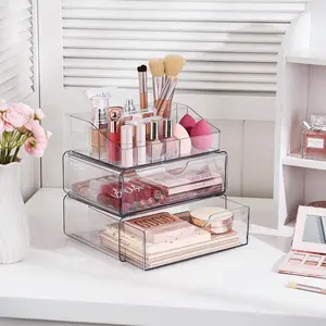 Clear Acrylic Makeup Organizers Countertop for Dresser,Desk,Bathroom Vanity,3 Tier Stackable Make up Holders and Makeup Cabinet,Tiered Cosmetic Storage and Make up Containers for Palette,Brush