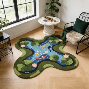 Summer Pond Koi Irregular Plush Rug, Unique Shape, Living Room Balcony Decorative Mat, Soft Comfortable Foot Pad, Hand Wash Only, Suitable for Bedroom