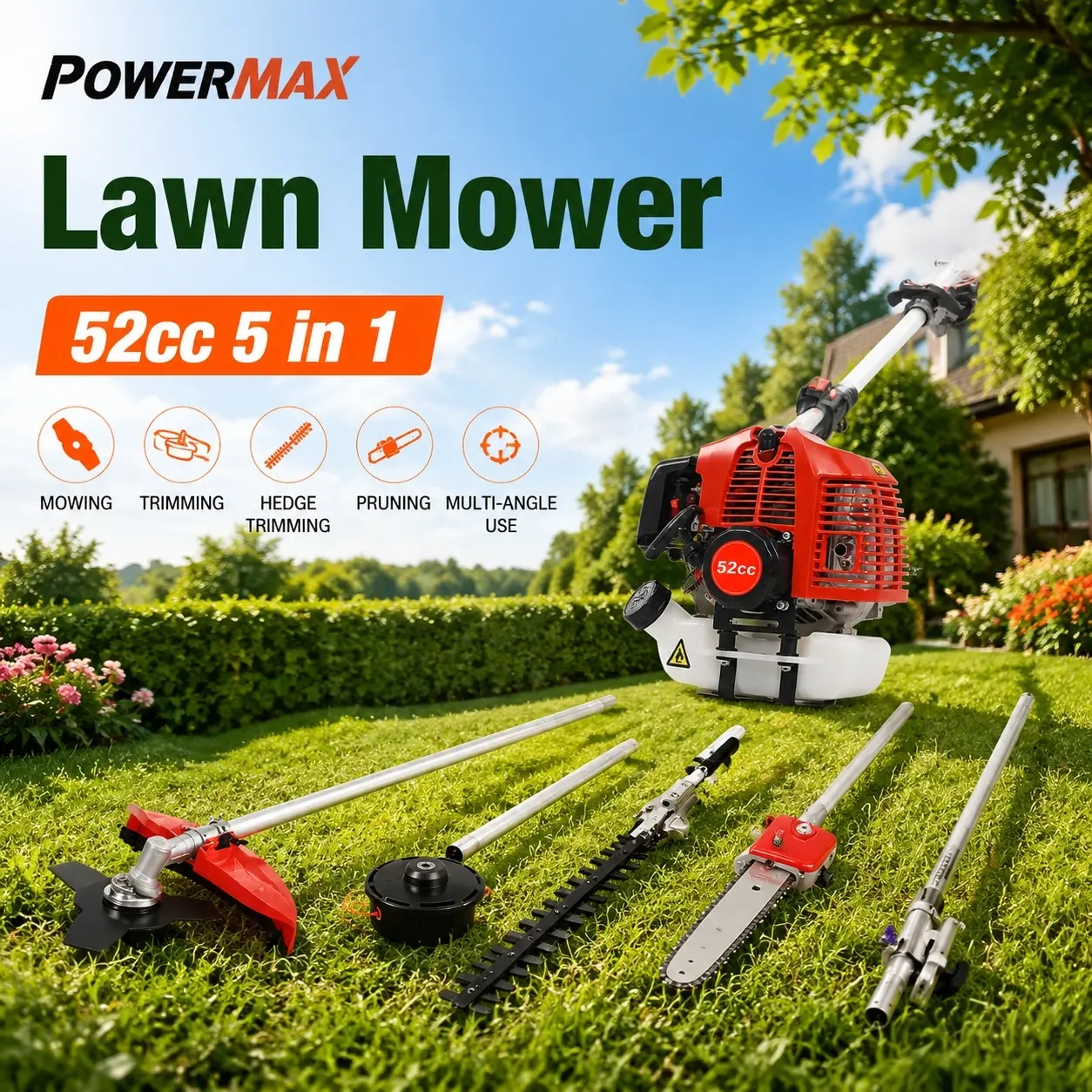 Explorinox 5-in-1 Commercial Grade Garden Kit - 52cc Petrol Grass Trimmer, 400mm Hedge Trimmer, Chainsaw, Brush Cutter, Strong Powerful Guard Accessories, 230mm Thick Cut Functionality, 5In1 Garden Kit