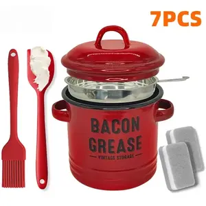Bacon Grease Container with Strainer - 46OZ Large Capacity, Grade Silicone Spatula& Silicone brush, Enamel Bacon Grease Keeper for Bacon Drippings, Farmhouse  Kitchen Decor, Dishwasher Safe