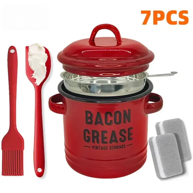 Bacon Grease Container with Strainer - 46OZ Large Capacity, Grade Silicone Spatula& Silicone brush, Enamel Bacon Grease Keeper for Bacon Drippings, Farmhouse  Kitchen Decor, Dishwasher Safe