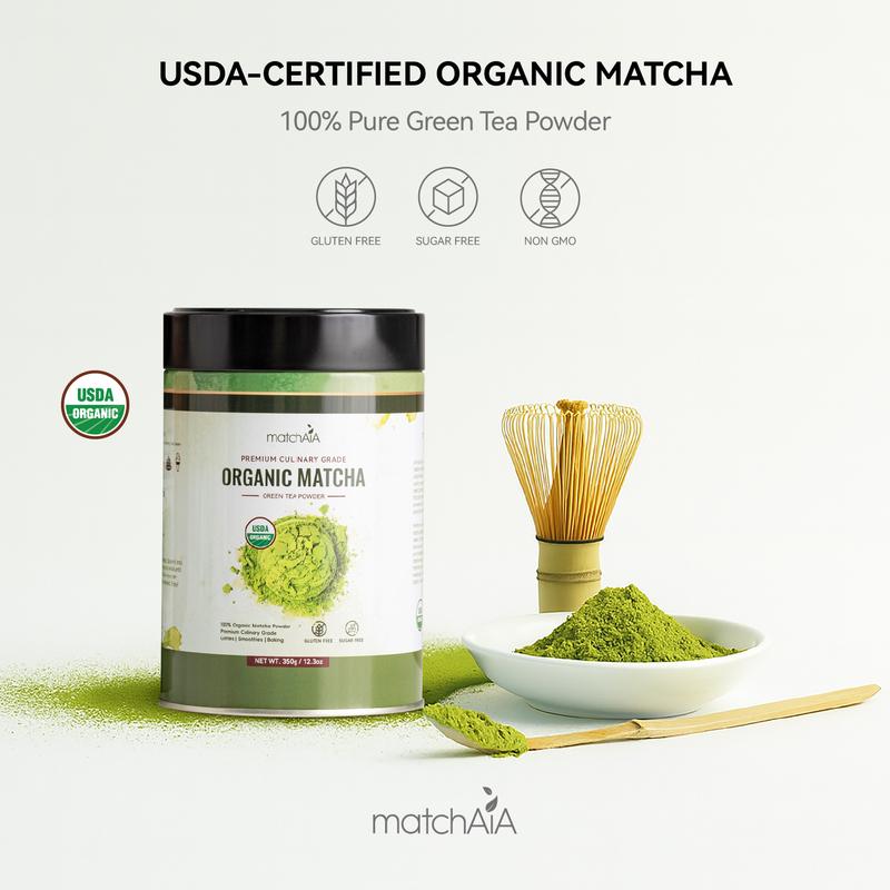 MatchAiA Premium Culinary Grade, USDA-Certified Organic Matcha, 100% Pure Green Tea Powder, Perfect for Lattes, Smoothies, Desserts and Baking, Sugar Free, Gluten Free (350g / 12.3oz Tin Can)