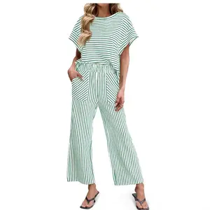 2026 new style striped two-piece set women's short-sleeved wide-leg pants set summer casual fashion cross-border women's clothing