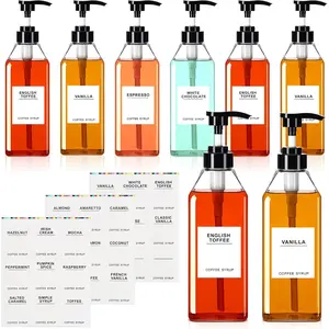 6 Pcs Coffee Syrup Dispenser Bottles Set 750ml, 500ml, 300ml, 150ml PET Black Syrup Bottles with Pump Dispenser 27 Labels for Coffee Bar Kitchen Accessories Portable Travel 16.9 oz Square
