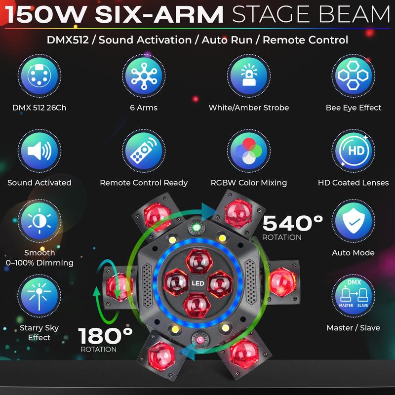 Professional DJ Light 6-Arm 150W Moving Head RGBW Bee-Eye Beam with LED Halo Ring DMX512 26 Channel Laser Starry Sky White Amber Strobe Sound Activated for Events