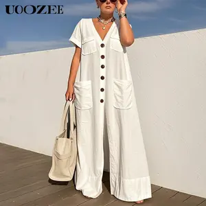 UOOZEE Women's Lightweight Cotton Jumpsuit, Casual Solid Fashion V-Neck with Short Sleeves and Button Pockets