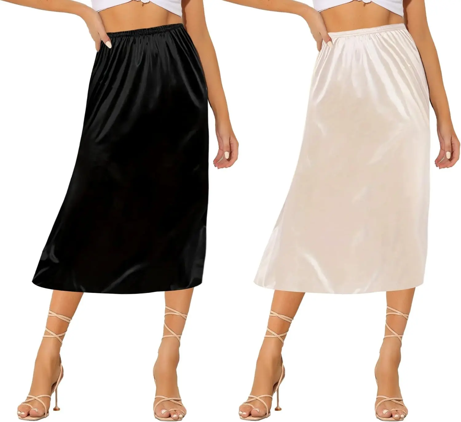 2 Pieces Half Slips for Under Dress Underskirt | Women's Soft Satin Long Underskirt, Basic Slips, Lightweight, Not See-through, No Clinginess, Comfortable Fabric
