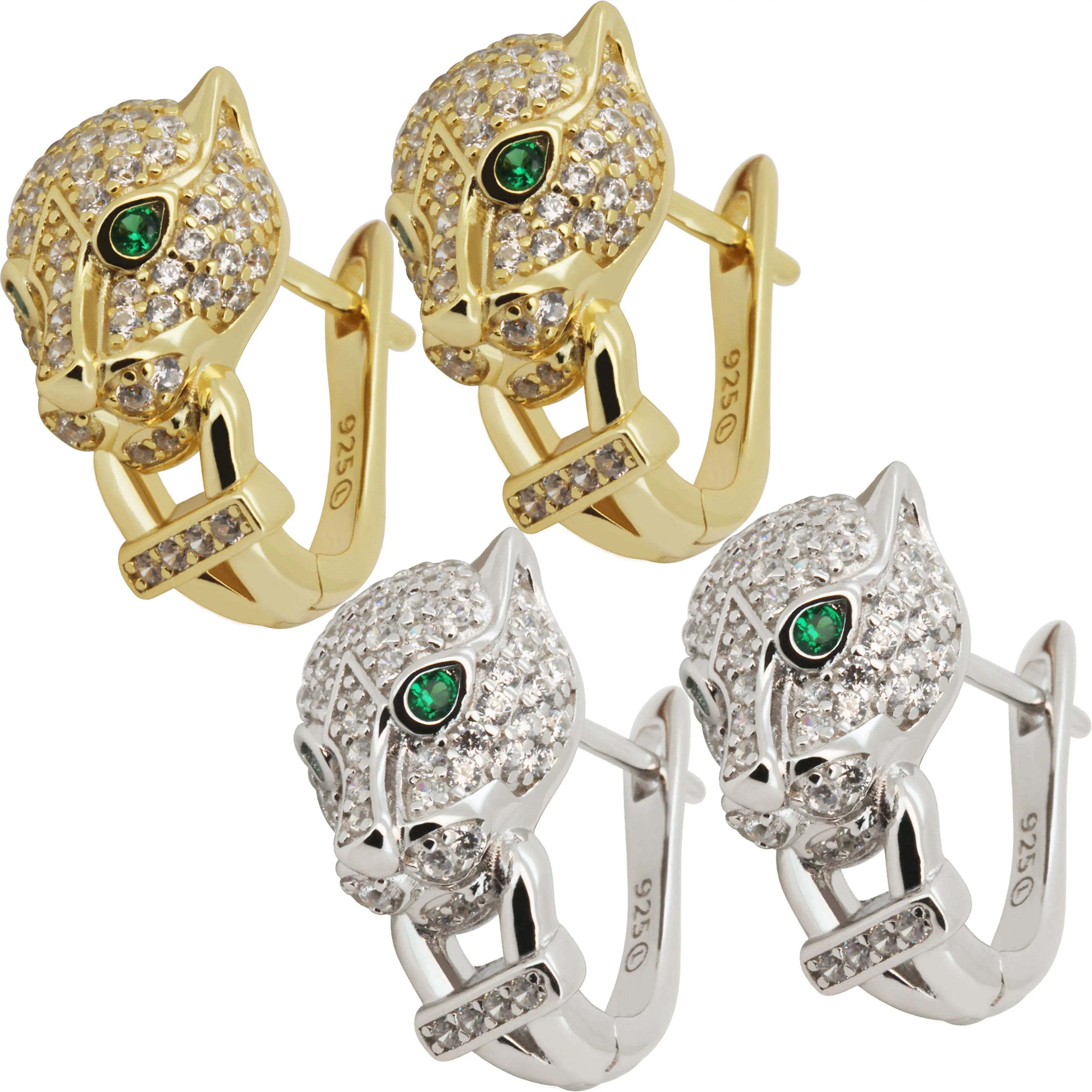925 Sterling Silver 14k Gold Vermeil AAA Cubic Zirconia Panther Head Hoop Earrings