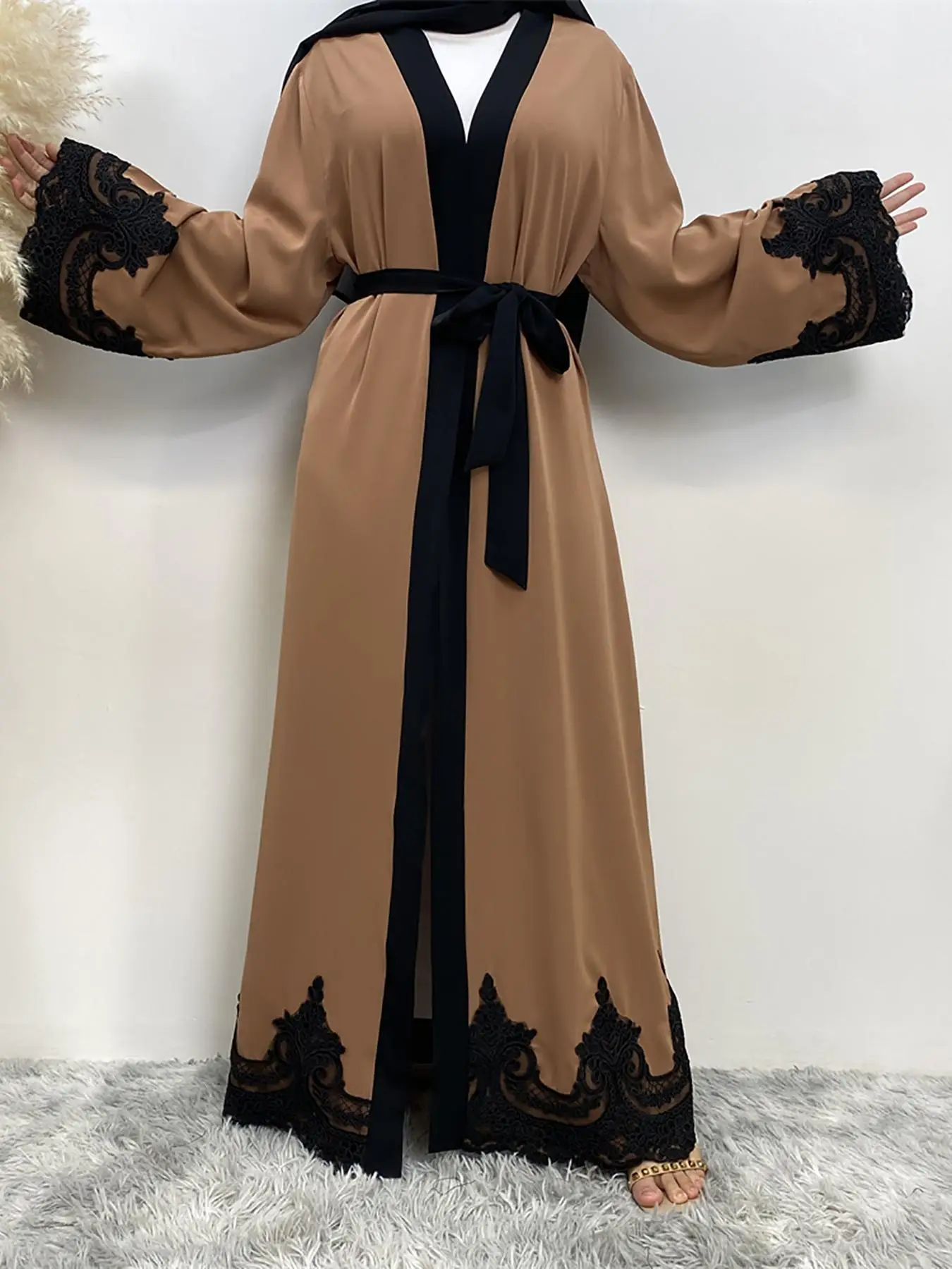 Arabic Clothing-contrast Lace Long Sleeve Belted Abaya, Contrast Binding Muslim Dress with Belt, Women's Islamic Clothing, Abaya for Women