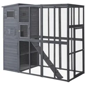 PawHut Catio Outdoor Cat Enclosure, Wooden Cat Patio Cat Window Box with Platforms, Waterproof Asphalt Roof, Ramps, 77" L, Gray