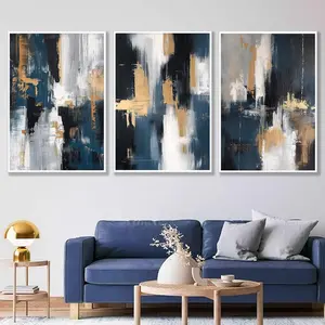 Abstract Textured Wall Art Canvas Blue and Gold 16x24inch 3pcs No Frame Navy Modern Art for Living Room Bedroom Decorative Gift