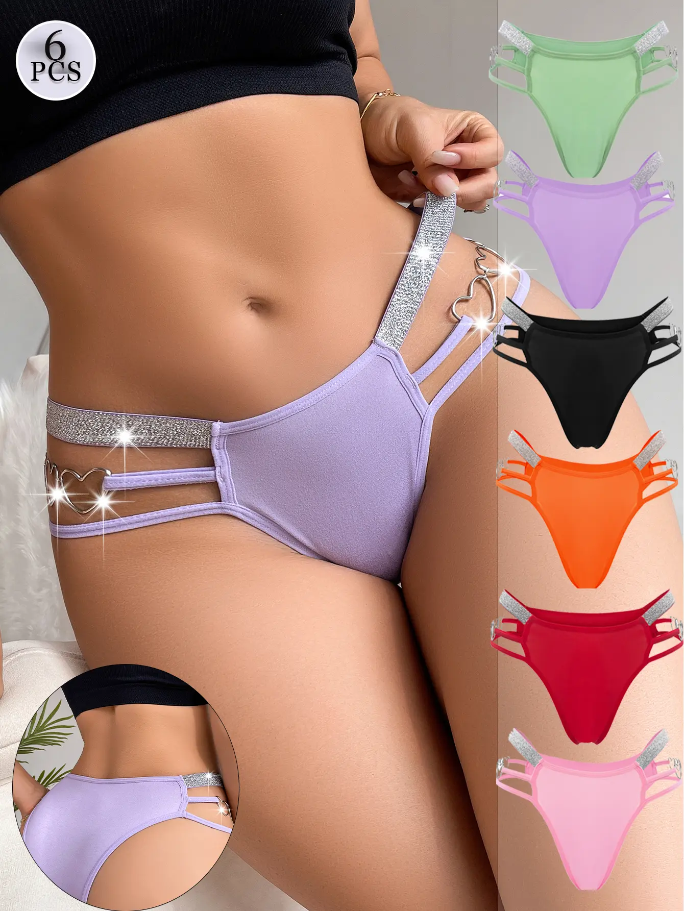 6pcs Sexy Glitter Waistband Hollow Out Briefs Underwear - Heart Ring Linked Metal Chain Women Panties -Cheeky Undies Pack Womenswear Lingerie - TikTok Shop 6pcs Sexy Glitter Waistband Hollow Out Briefs Underwear - Heart Ring Linked Metal Chain Women Panties -Cheeky Undies Pack Womenswear Lingerie - TikTok Shop