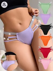 6pcs Sexy Glitter Waistband Hollow Out Briefs Underwear - Heart Ring Linked Metal Chain Women Panties -Cheeky Undies Pack Womenswear Lingerie
