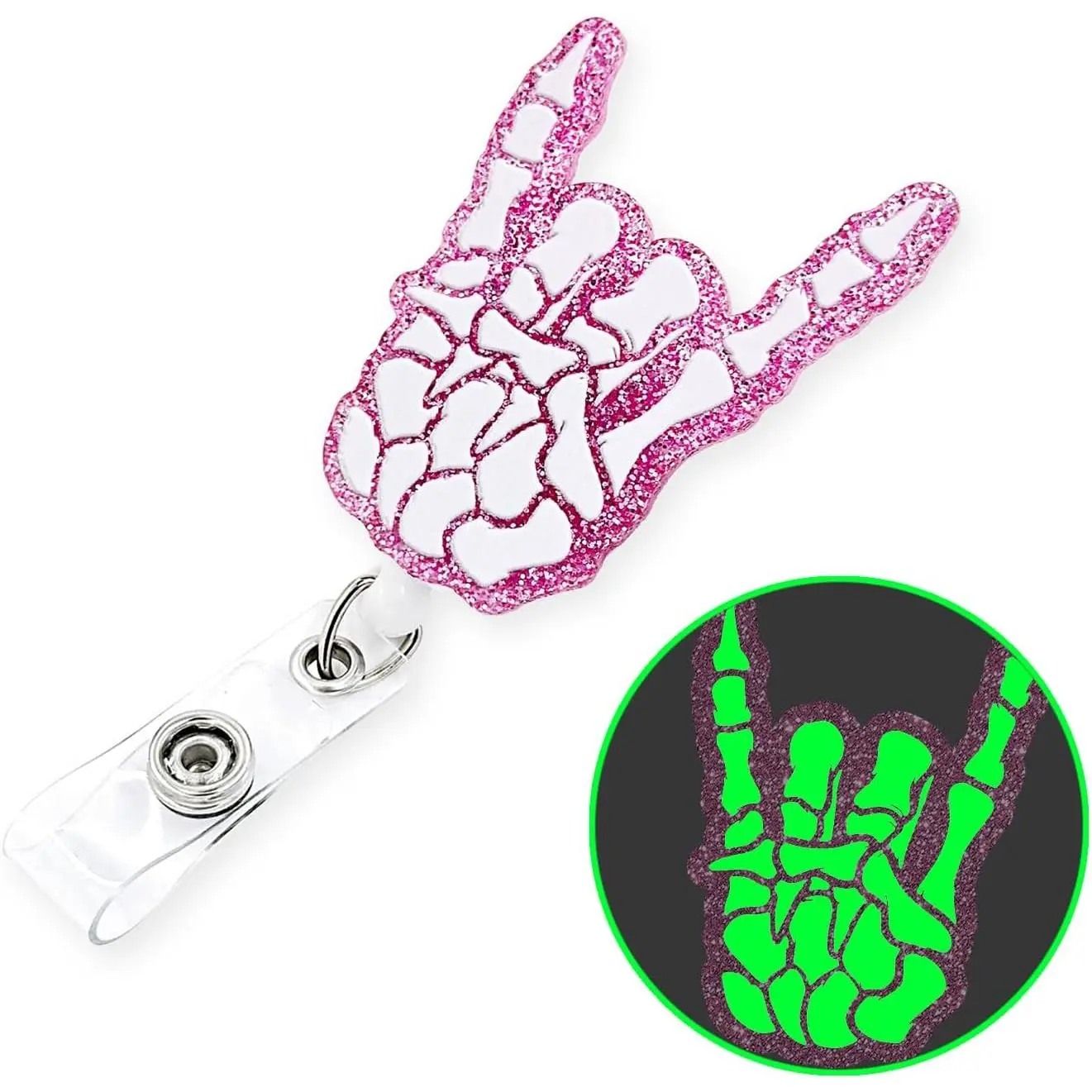 Badge Reel Retractable with ID Clip  Skull Hand Funny Halloween Luminous Badge Holder for Nurse  Student Teacher Office Name Tag Badge Clip