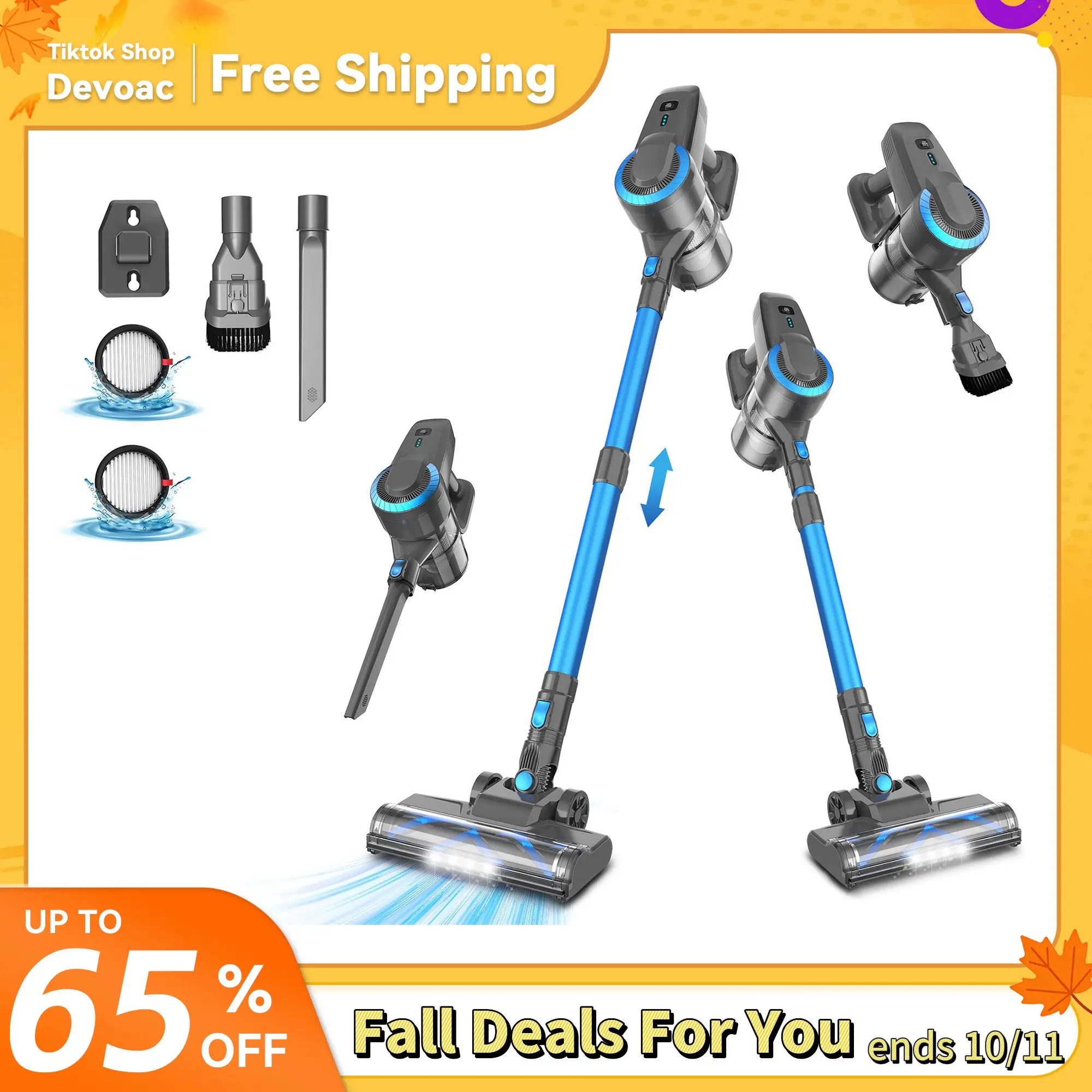 [FallDealsForYou]Devoac Cordless Vacuum Cleaner,Ultra-Lightweight Stick Cleaner with 2200mAh Battery, Up to 40 mins Runtime - Powerful Stick vacuums f