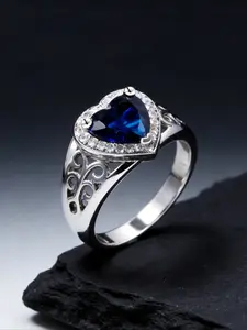 Anniversary Heart Ring,Blue Sapphire Center with Diamond-Cut Zircon Halo in Polished Sterling Silver,Bridal Jewelry Gift for Her