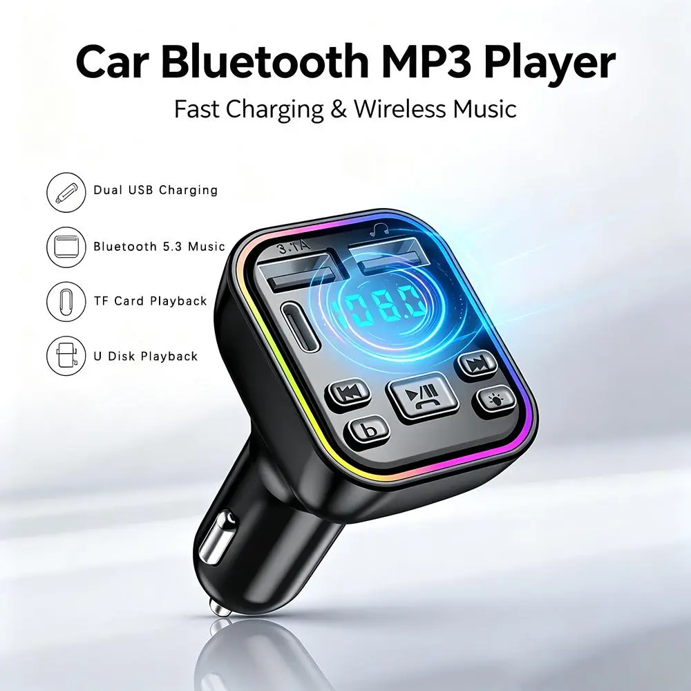 Car Bluetooth FM Transmitter 2 USB 3.1A Fast Charging Type C Port Car Charger Audio Receiver MP3 Player LED Display Hands Free Calling Support U Disk TF Card RGB Colorful LED Light Bluetooth Car Adapter Fun Car Accessories Car Essentials Cool Car Gadgets