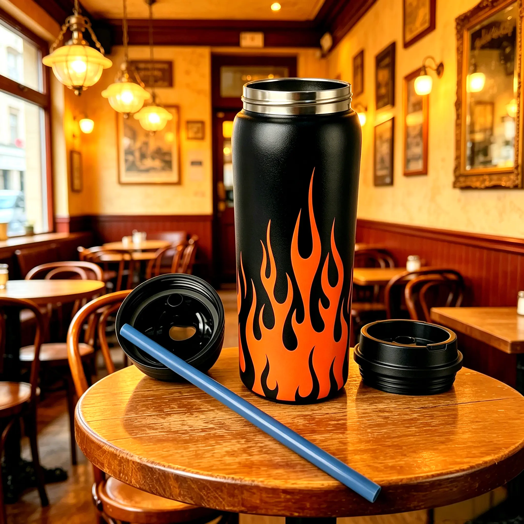 32oz (945ML) Golden Flame Print Vacuum Flask - Freesip Water Bottle with Straw, 24+ Hour Insulation for Hot/Cold Drinks, Coffee & Frozen Beverages, Exquisite Workmanship for Camping & Work Use, Flasks