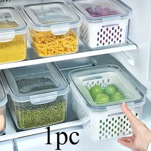 Stackable refrigerator storage container with removable drain basket. Suitable for kitchen storage containers made with BPA-free polypropylene Kitchen Drain Fresh Fruits and Vegetables Grocery Seal Moisture Resistant