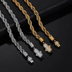 Diamond-encrusted clasp 6mm stainless steel twisted chain men's necklace hip-hop jewelry titanium steel bracelet