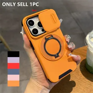 Luxury Slide Window Lens Protection Rotatable Ring Stand Phone Case for iPhone 17 16 15 14 13 Pro Max, Durable Protective Cover