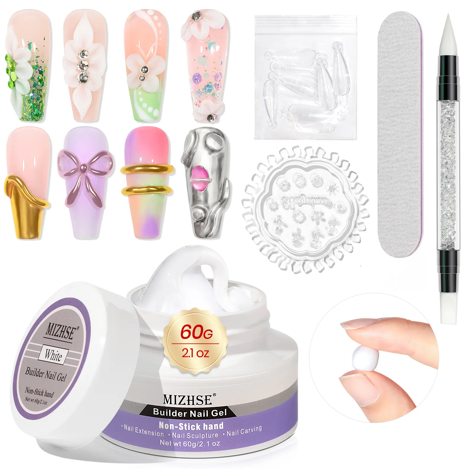 MIZHSE 60g Solid Builder Gel Refill – White Non-Sticky 3D Sculpting & Nail Extension Hard Gel, UV LED Soak Off