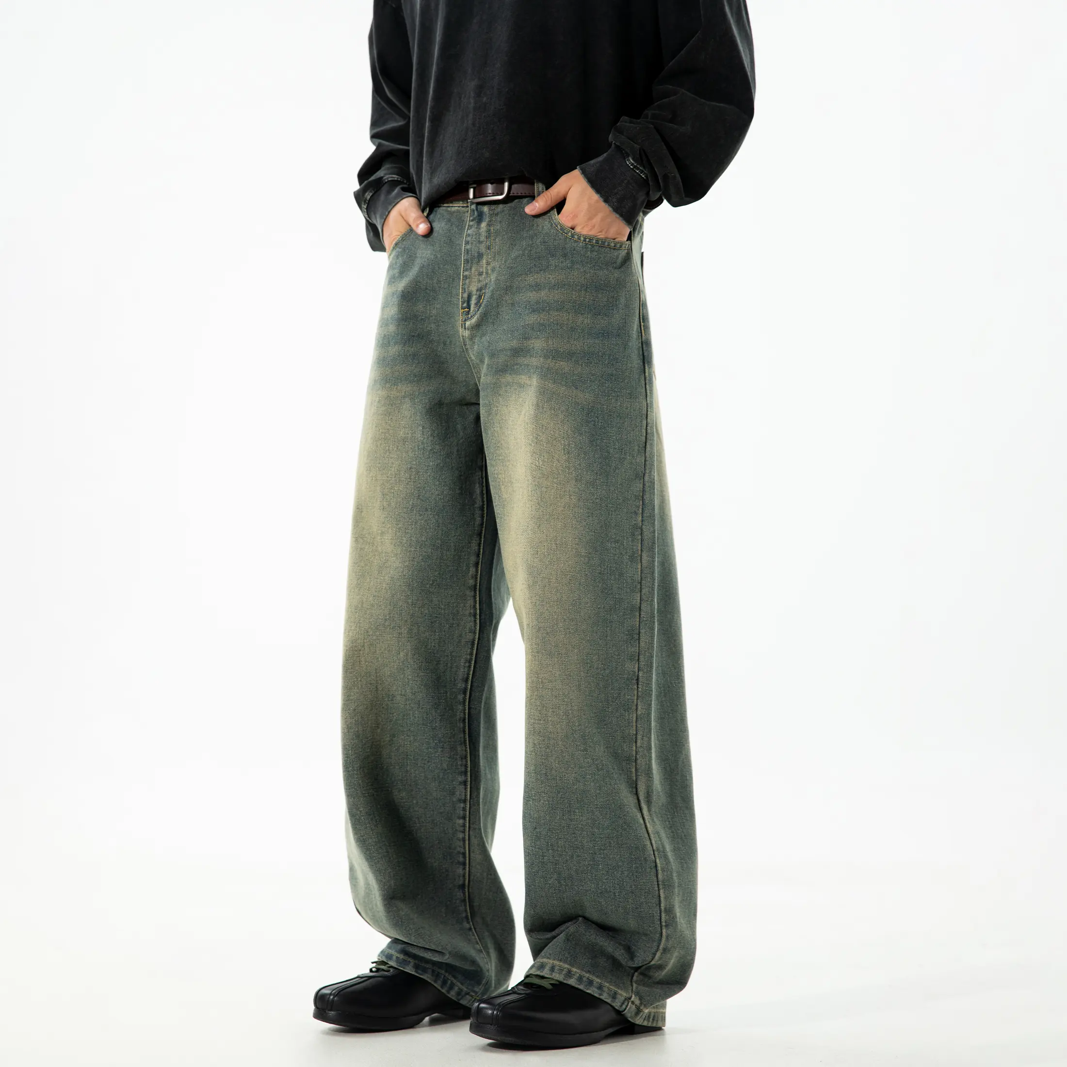 Men's Vintage Oversized Jeans for Fall, Washed Distressed Trendy Brand Loose Straight Leg Pants, Unisex Street Style Minimalist Versatile Fashion Floor-Length Jeans, Men's Denim Pants, Youthful Popular Student Pants, Soft Comfortable Fabric, Suitable for,