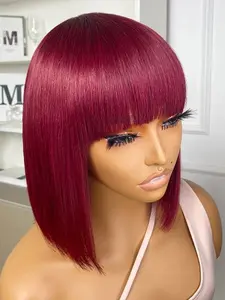 Women Straight Hair Bob Wig with Bangs, Human Hair Wig for Party & Daily Use, Glueless Human Wigs, 99j Burgundy Color, No Lace,no Glue, Easy-To-Wear, Glueless Straight Wig