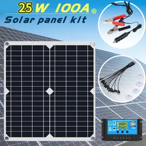 25W 18V Monocrystalline Portable Solar Panel, 100A Controller 12V Battery Charger for Camping, Suction Cups & Car Charger Included