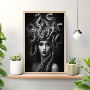 Medusa Gothic Fantasy Canvas Art, 12x16" Frameless Black & White Snake Portrait - Mythical Feminine Power Wall Decor for Home, Office, Cafe, Perfect for Room Decor