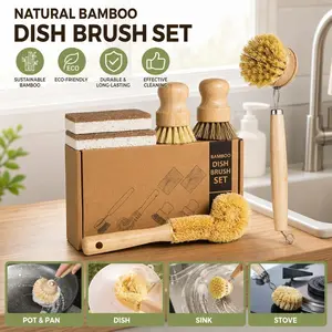 6 Piece Bamboo Dish Brush Set with Coconut Sponge – Natural Wooden Scrub Brush for Kitchen, Sisal & Palm Fiber Bristles, Non Scratch Cleaner for Dishes, Pots, Pans, Bottles, Vegetables – Safe for Non Stick Cookware, Easy Clean, Durable