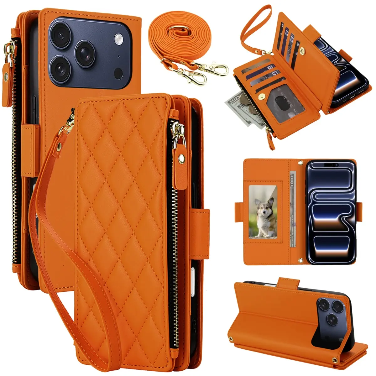 HISTORYOO 9 Cards Slots Holder Wallet Case For iPhone 17 Pro Max 16 15 Plus 14 Pro 13 12 11 Handbag Luxury Large Capacity PU Leather Zipper Cash Coin Purse Bag Flip Kickstand Shockproof Full Body Protection Cover Wristlet Wrist Crossbody Lanyard Strap