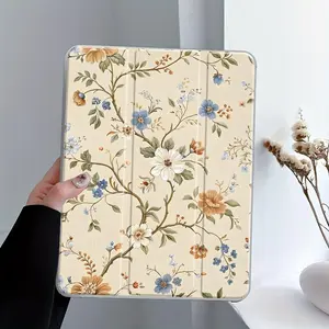 Vintage Floral iPad Case,Tri-Fold Stand Case for iPad, Transparent Acrylic Hard Back,Cottagecore Botanical Design,Pencil and Charger Slots, Ultra-Thin Scratch-Resistant Design for iPad 10.2inch, Mini, Pro, Air, Ideal for Work and School