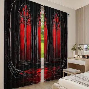 2D Flat, 2D flat printing 2pcs Gothic Dark Vampire Retro Red Scenery Curtains Easy Hanging Fade-Resistant Polyester Curtains Home Decor