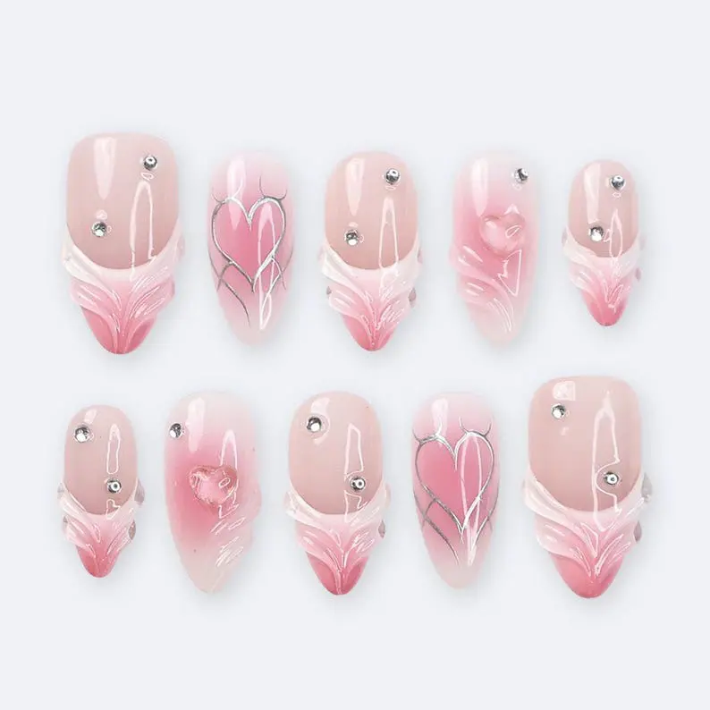 Pink Valentine Press On Nails | 3D Sculpted Heart Chrome Nails | Nude Ombre Medium Almond Fake Nails | Reusable Handmade Glue On Nail Set