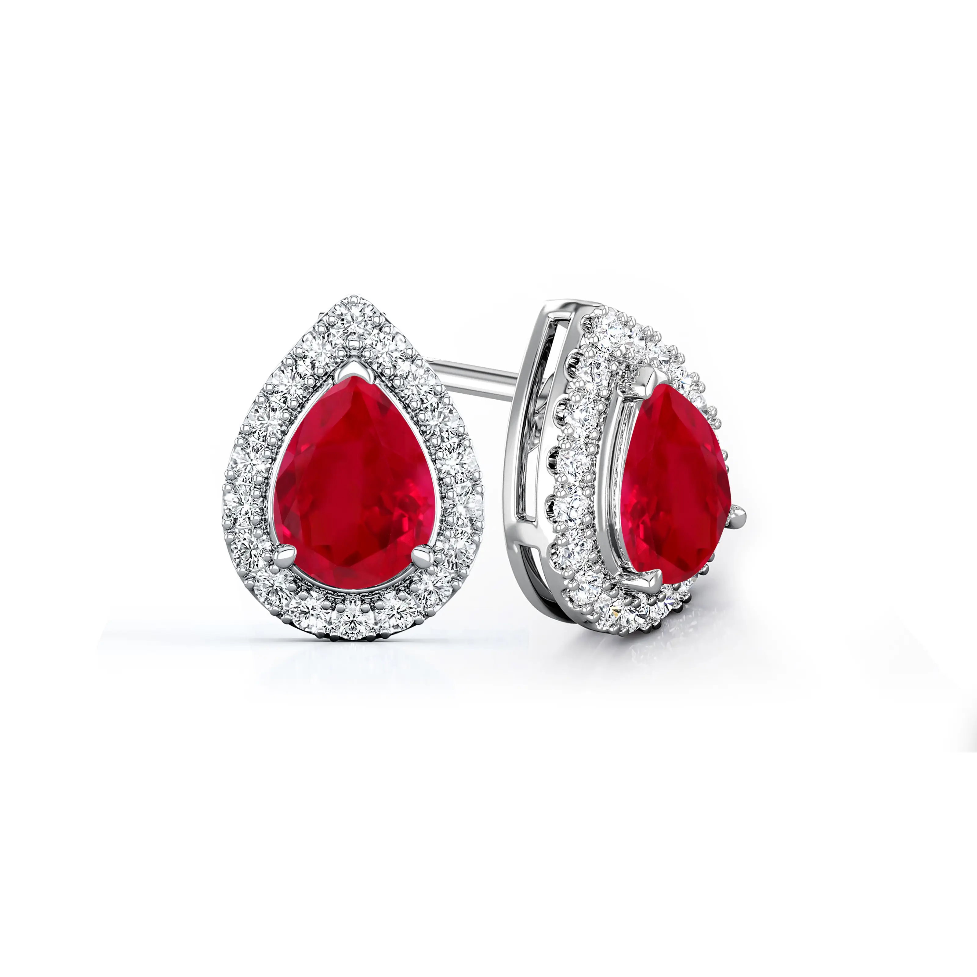 Women's Elegant 14K White Gold Lab Grown Ruby Stud Earrings - 1.50 ct. tw. Pear Rhythm Rocks Halo Set, Daily & Anniversary Jewelry, Note: Choking Hazard Small Parts (For Adults)