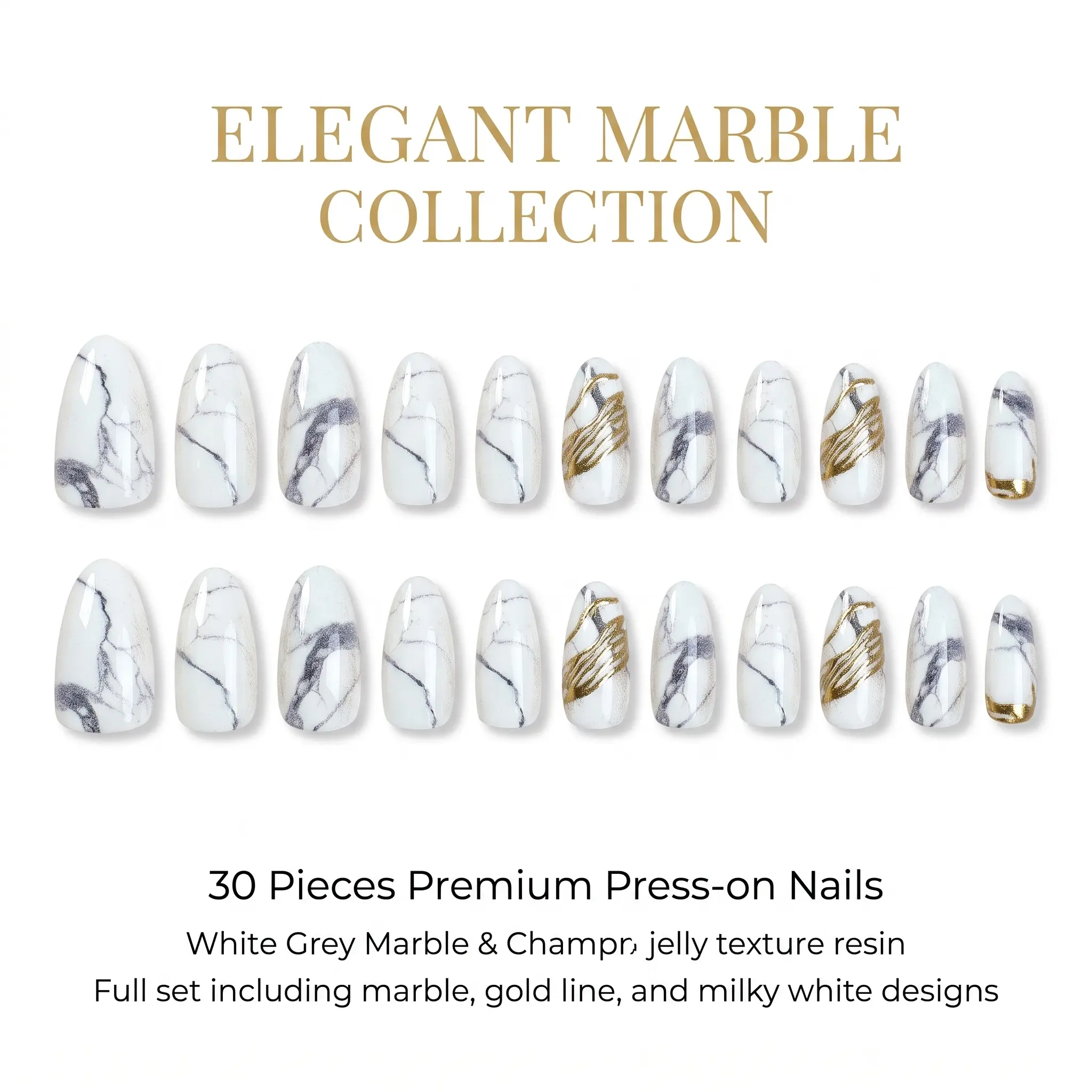 Zatvios Chic Daily Marble Nails, Timeless White & Gold Marble Veins, Professional Elegant Reusable Press On Nails