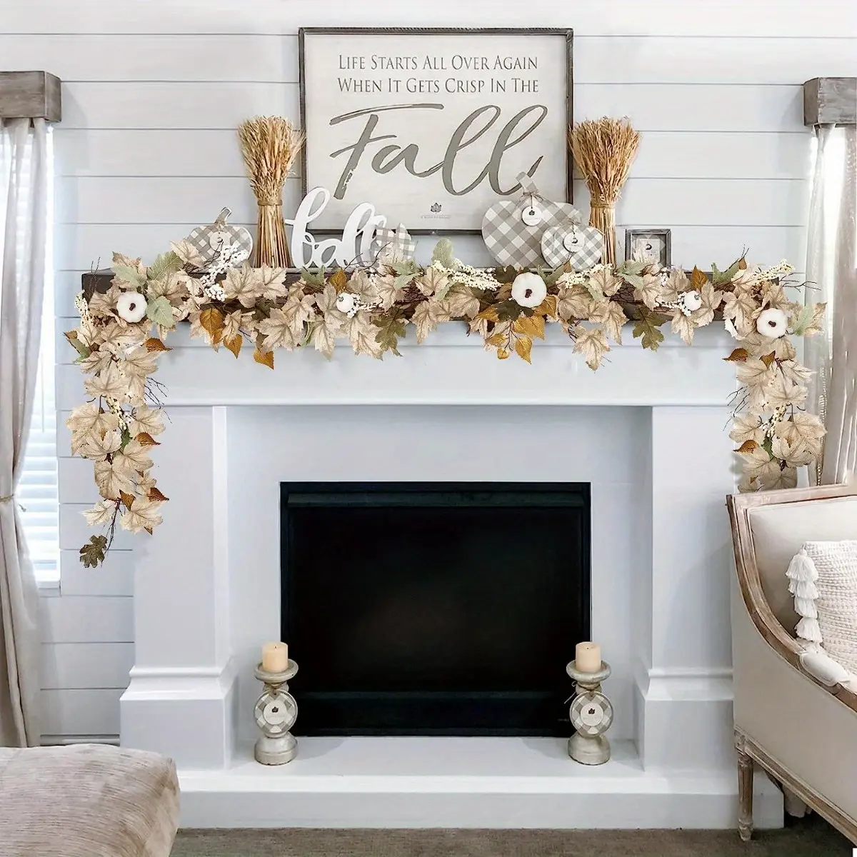 6ft Fall Thanksgiving Decorations Garland Maple Leaf Pumpkin Berry Waterproof for Halloween Christmas Home Wall Indoor Outdoor