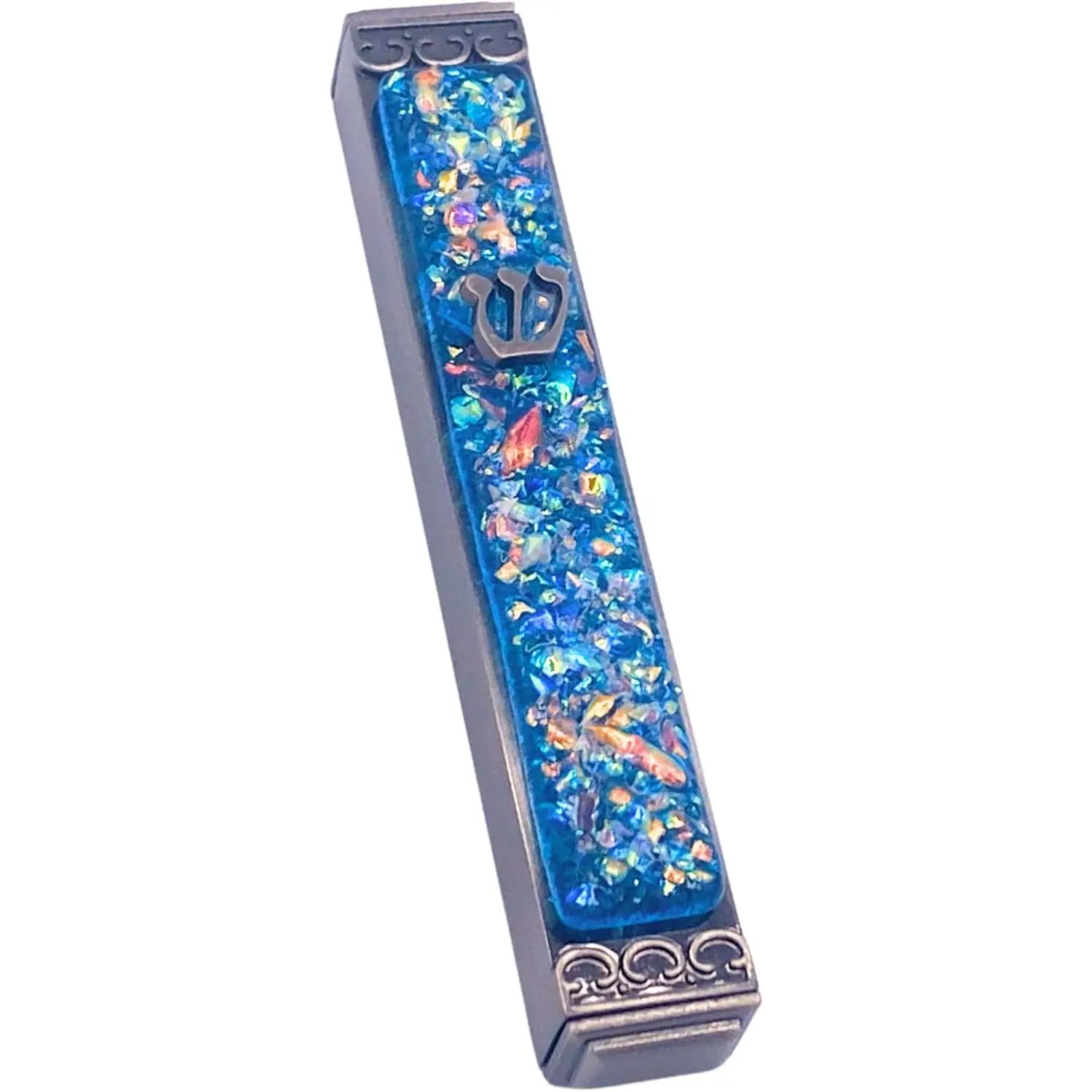 Sparkling Art Glass Mezuzah - Easy Mount Indoor or Outdoor - Weatherproof Metal Case - Gift Box and Non-Kosher Scroll Included - Hand Made in USA - Guaranteed for Life!(Sky)