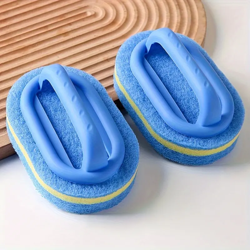 1pc Heavy-Duty Sponge Cleaning Brush with Ergonomic Handle - Dual-Layer Blue & Yellow Scrubbing Pads for Bathroom, Kitchen, Pots & Pans - Durable Commercial-Grade Cleaning Tool, Scrubbing Brush for Cleaning, Efficient Scrubbing Design, Sturdy Grip Handle